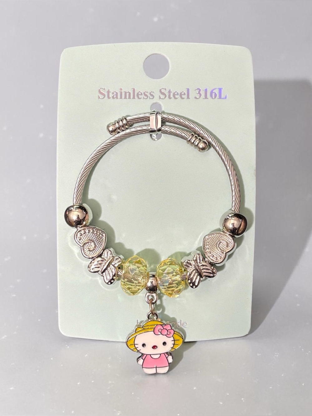 Kawaii Cat Charm Bangle Bracelet 316L Stainless Steel Adjustable